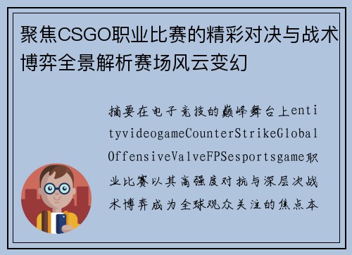 聚焦CSGO职业比赛的精彩对决与战术博弈全景解析赛场风云变幻